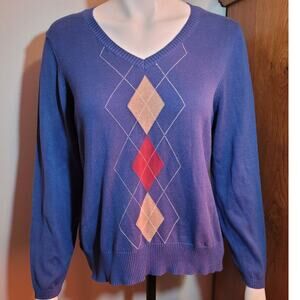 Dana Taylor Womens Blue Argyle Knit Sweater Sz Petite XL Preppy Old Money